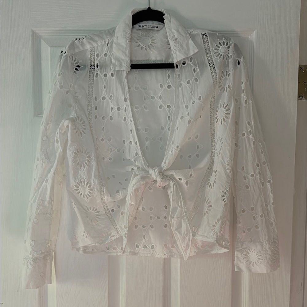 Zara White Cropped Tie-Front Blouse